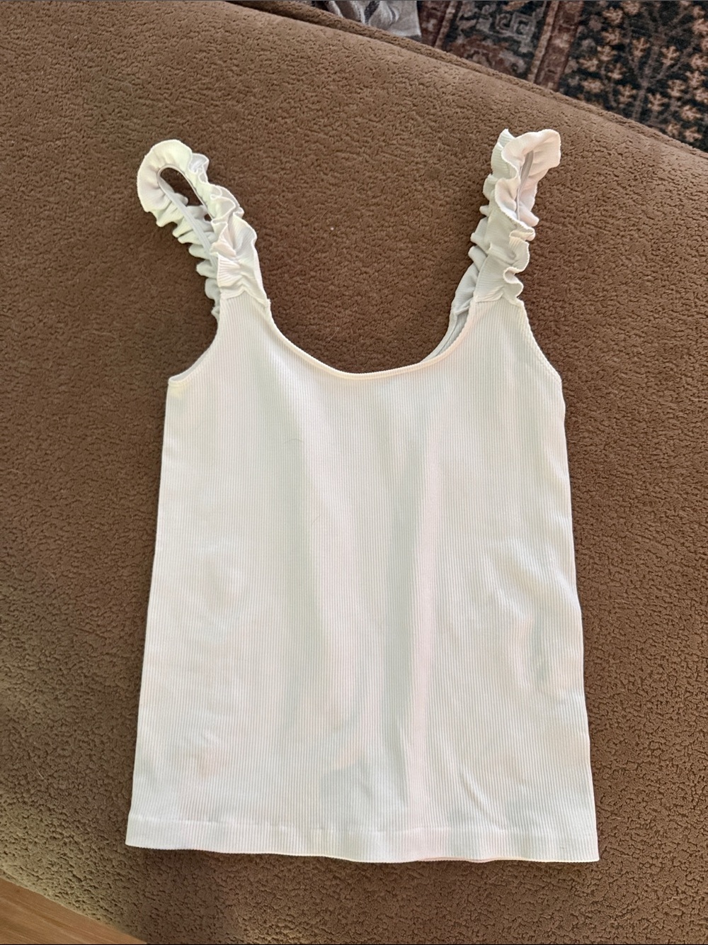 Ruffled Strap Ribbed Tank Top - White